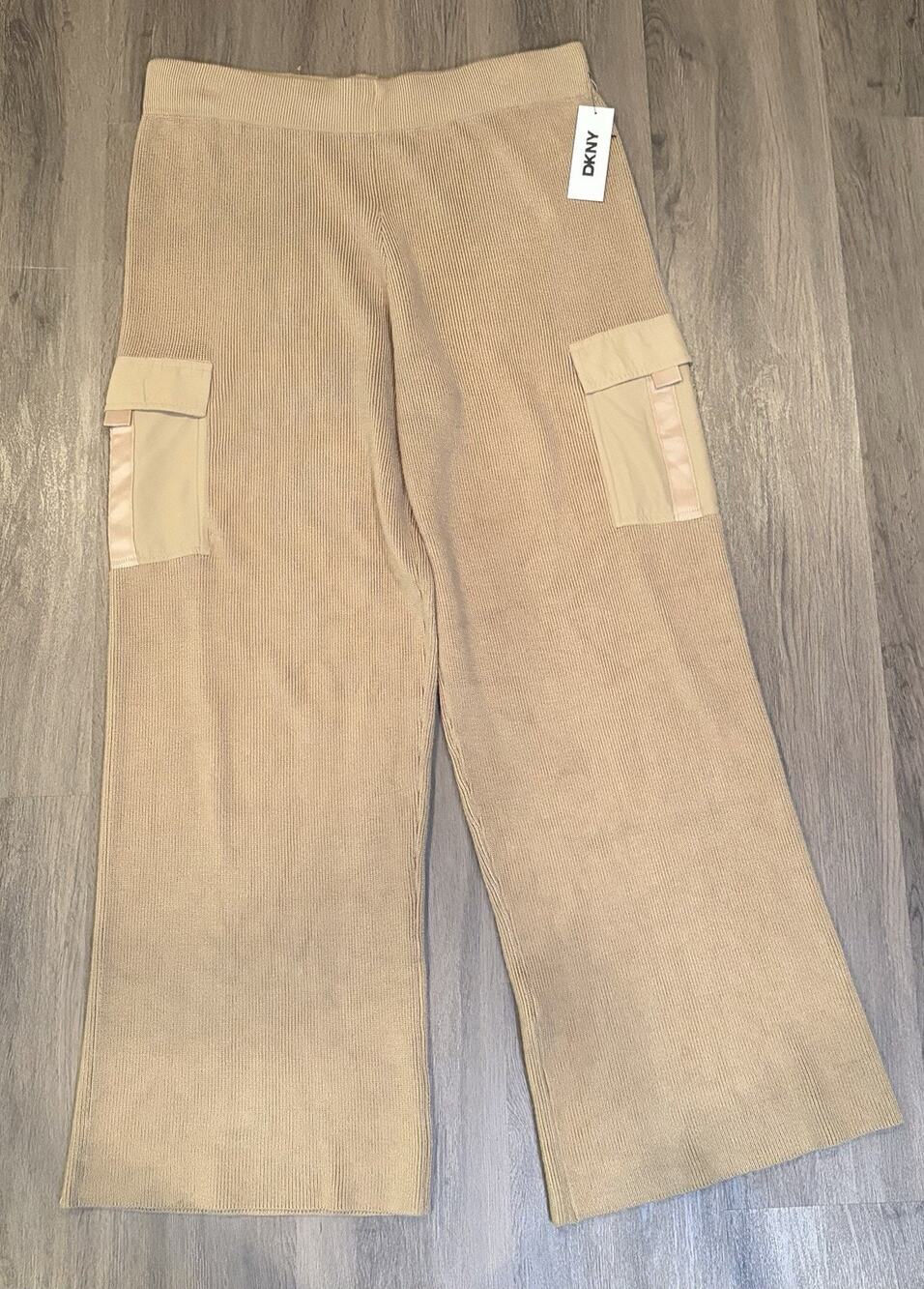 DKNY Women’s Beige Knit Cargo Wide-Leg Pull-On Pants Pockets High Rise XL
